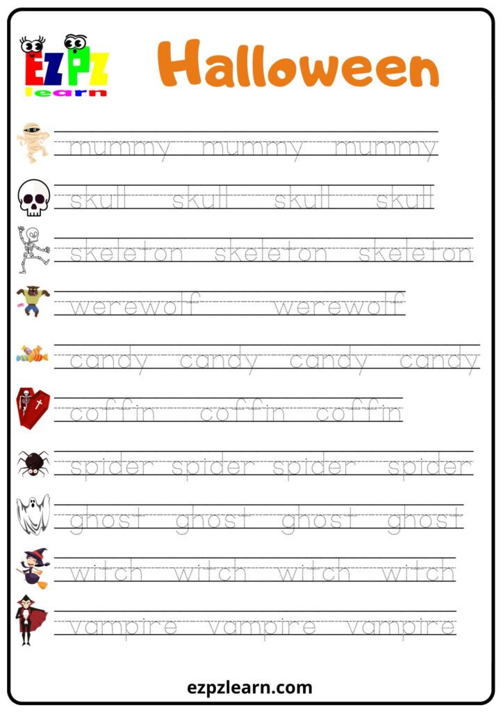 Halloween handwriting worksheet with themed illustrations and dotted tracing words, including mummy, skull, skeleton, candy, coffin, spider, ghost, witch, and vampire.