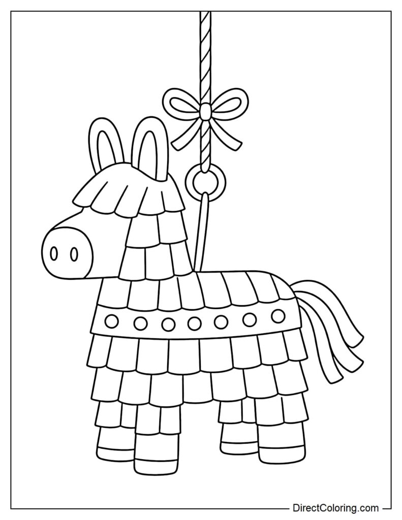 Black-and-white coloring page of a donkey piñata decorated with layered fringes, circular accents, and a bow and hanging loop above it.
