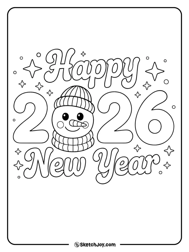 A Happy 2026 New Year coloring page with outlined lettering, a bundled-up snowman, and decorative stars.