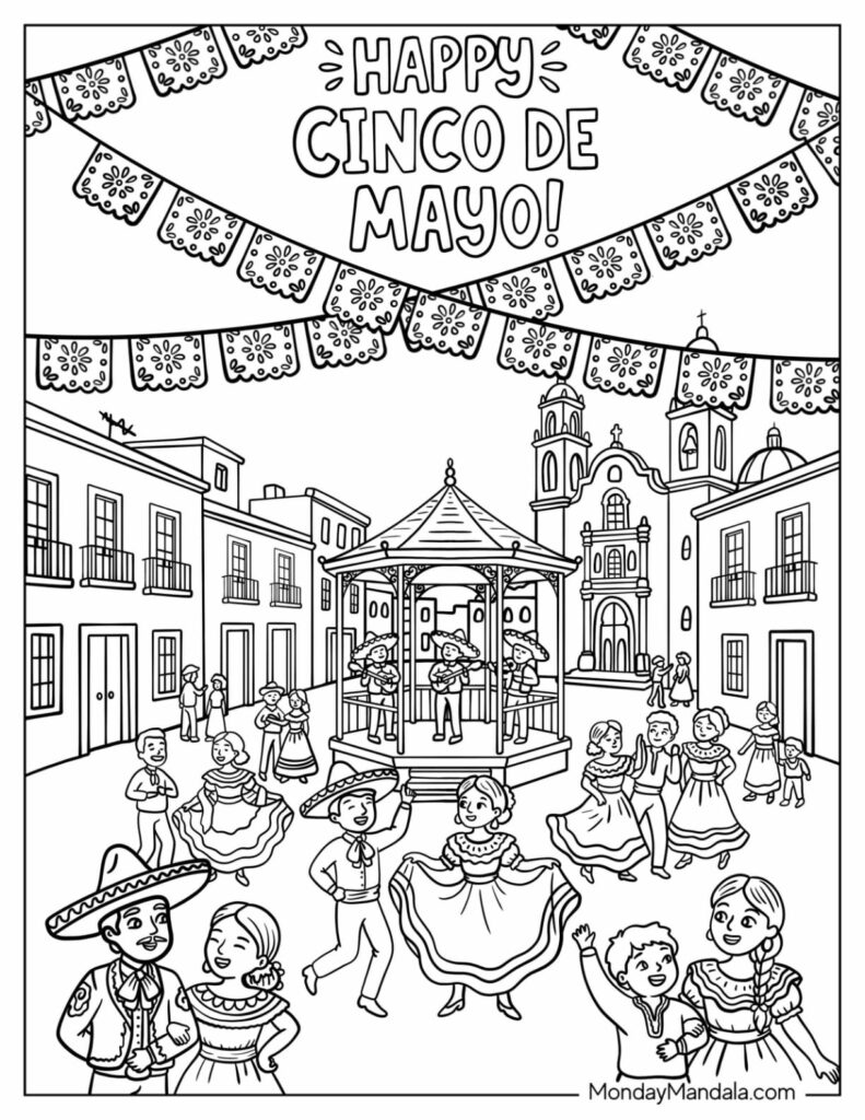 Cinco de Mayo coloring page showing dancers, musicians in a gazebo, festive banners, and a town square with church buildings.