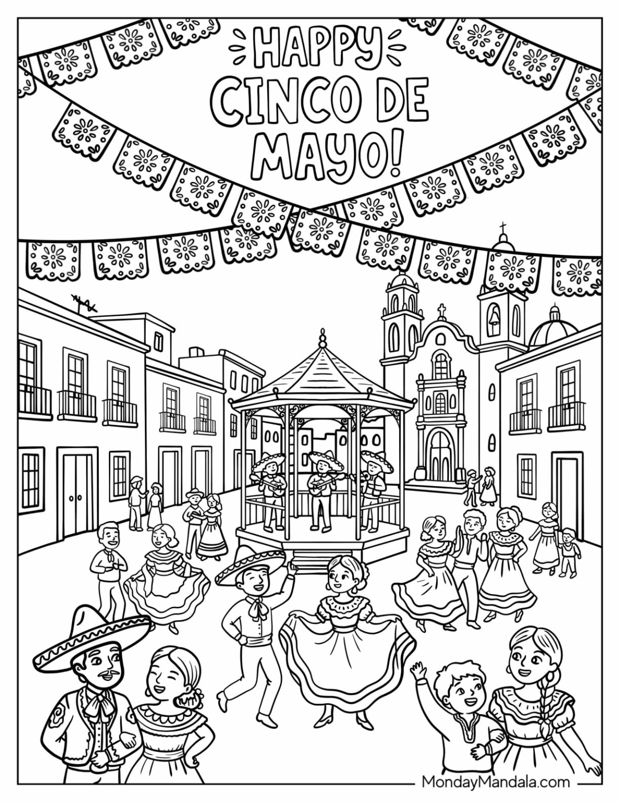 Cinco de Mayo coloring page showing dancers, musicians in a gazebo, festive banners, and a town square with church buildings.