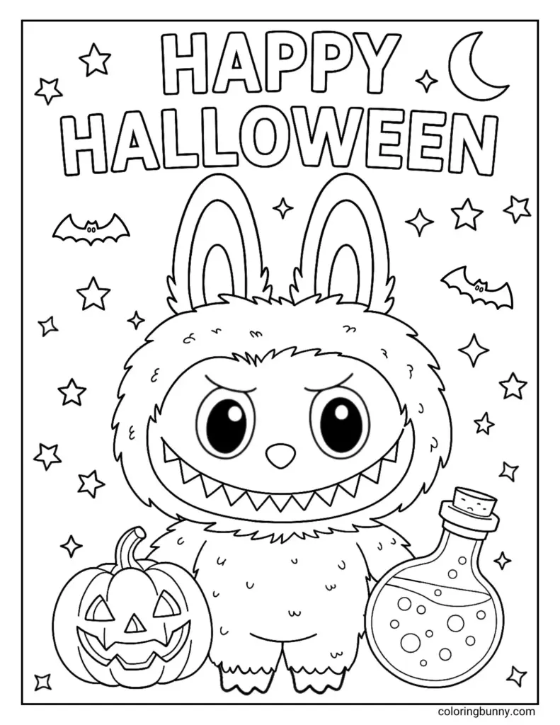 Halloween coloring page featuring a furry monster with long ears, a jack-o'-lantern, bats, stars, a crescent moon, and a bubbling potion bottle.