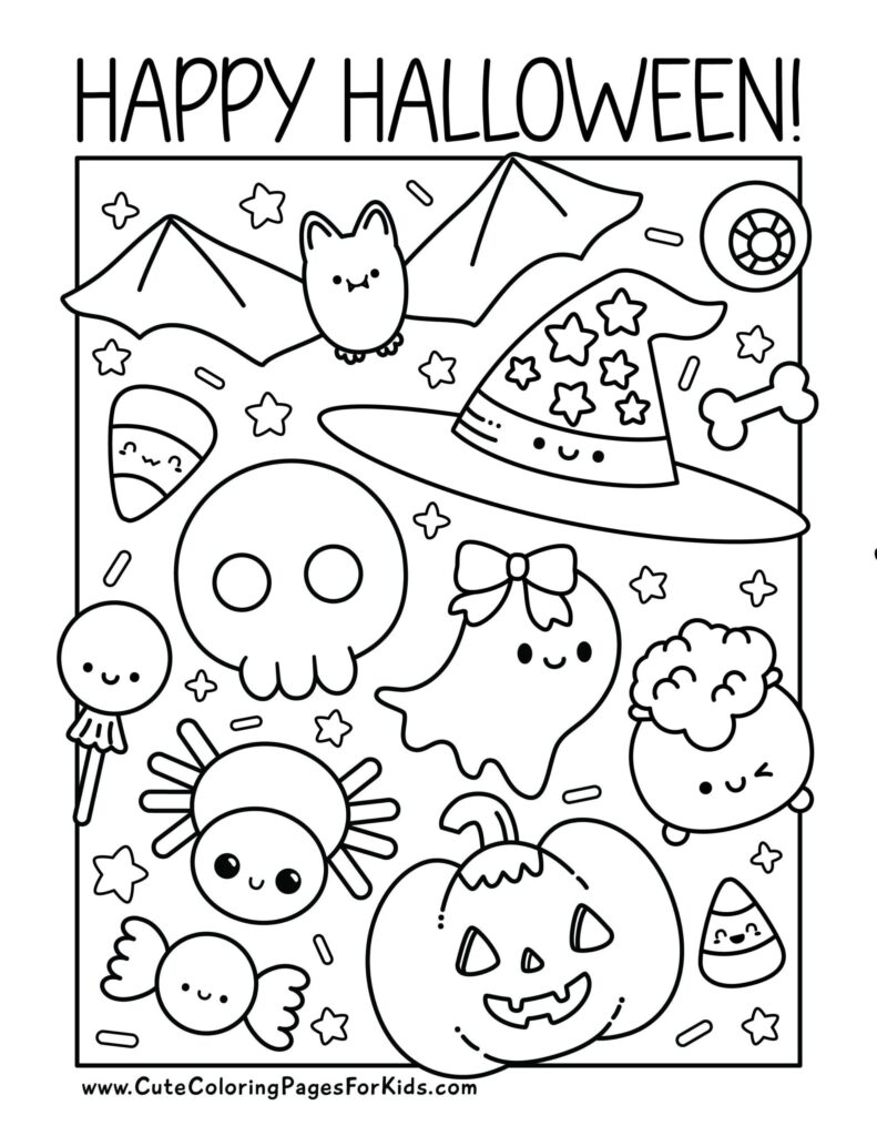 Halloween coloring page with a smiling jack-o’-lantern, ghost, bat, skull, spider, candy, and other spooky motifs inside a border, beneath a “Happy Halloween!” heading.