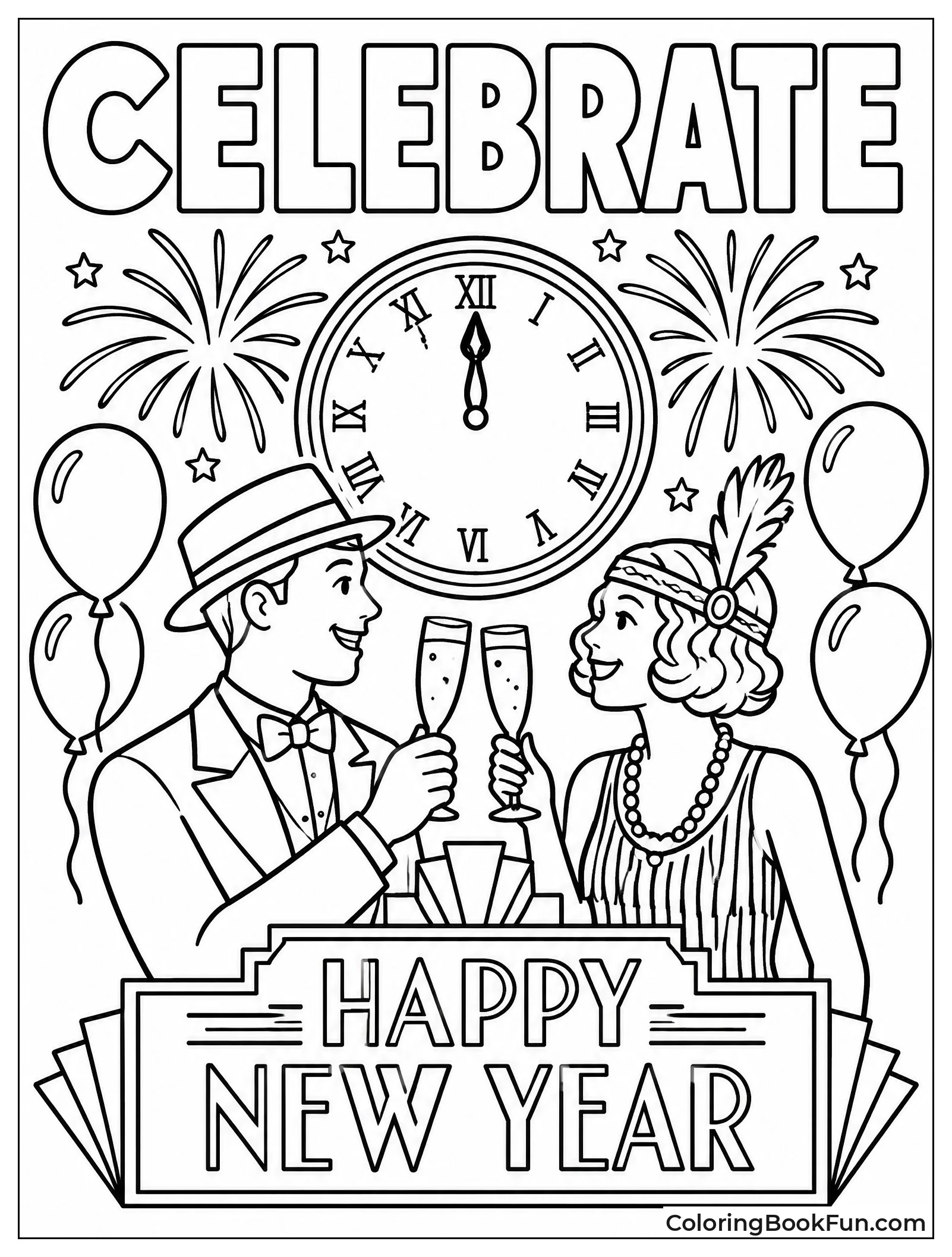 New Year’s coloring page showing two people toasting beneath a midnight clock, with fireworks, balloons, stars, and “Happy New Year” lettering.
