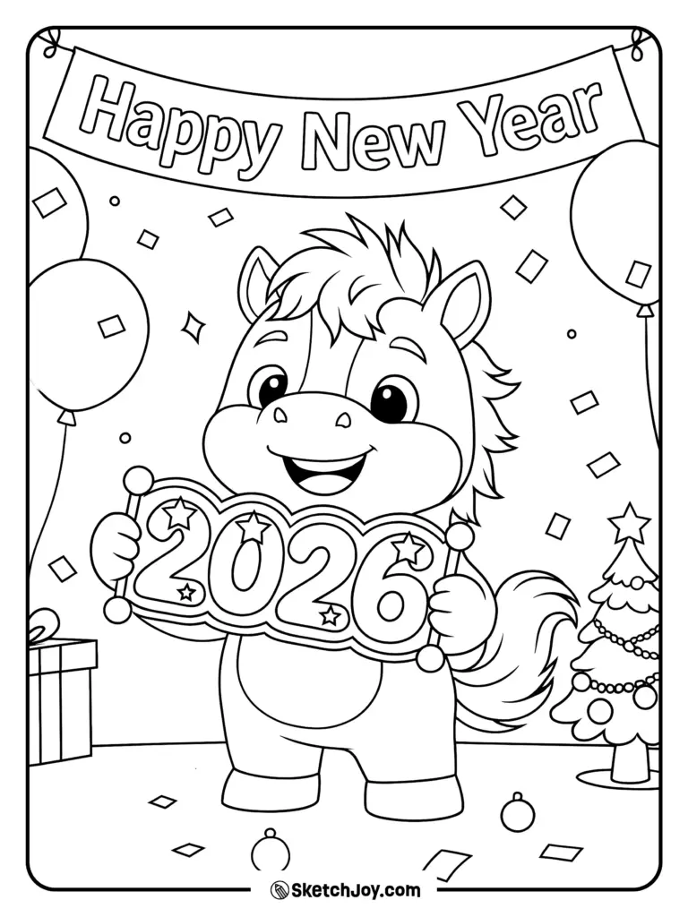 Black-and-white Happy New Year coloring page showing a smiling cartoon horse holding a large “2026” sign, with balloons, confetti, a decorated tree, and a gift.