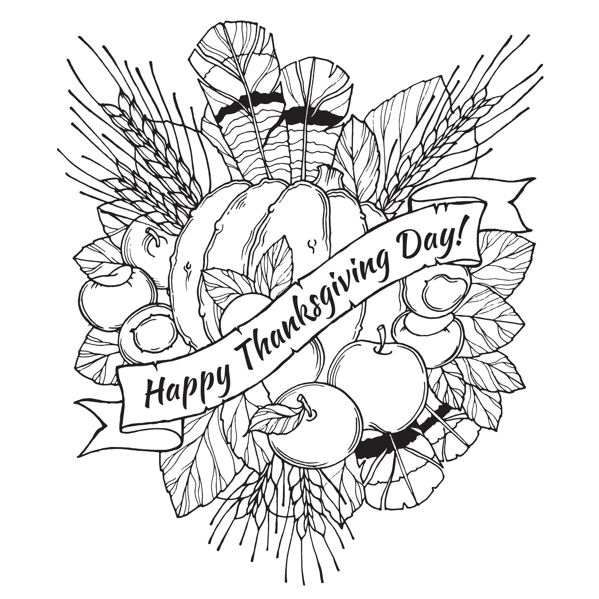 Detailed Thanksgiving coloring-page line art showing a pumpkin, apples, wheat, leaves, and a ribbon reading “Happy Thanksgiving Day!”.
