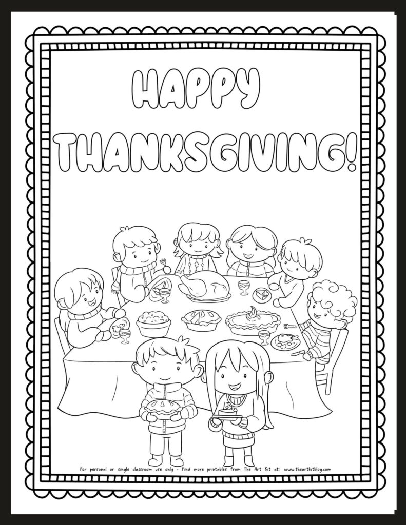 Thanksgiving coloring page with large outlined “Happy Thanksgiving!” lettering above children gathered around a table of holiday food.