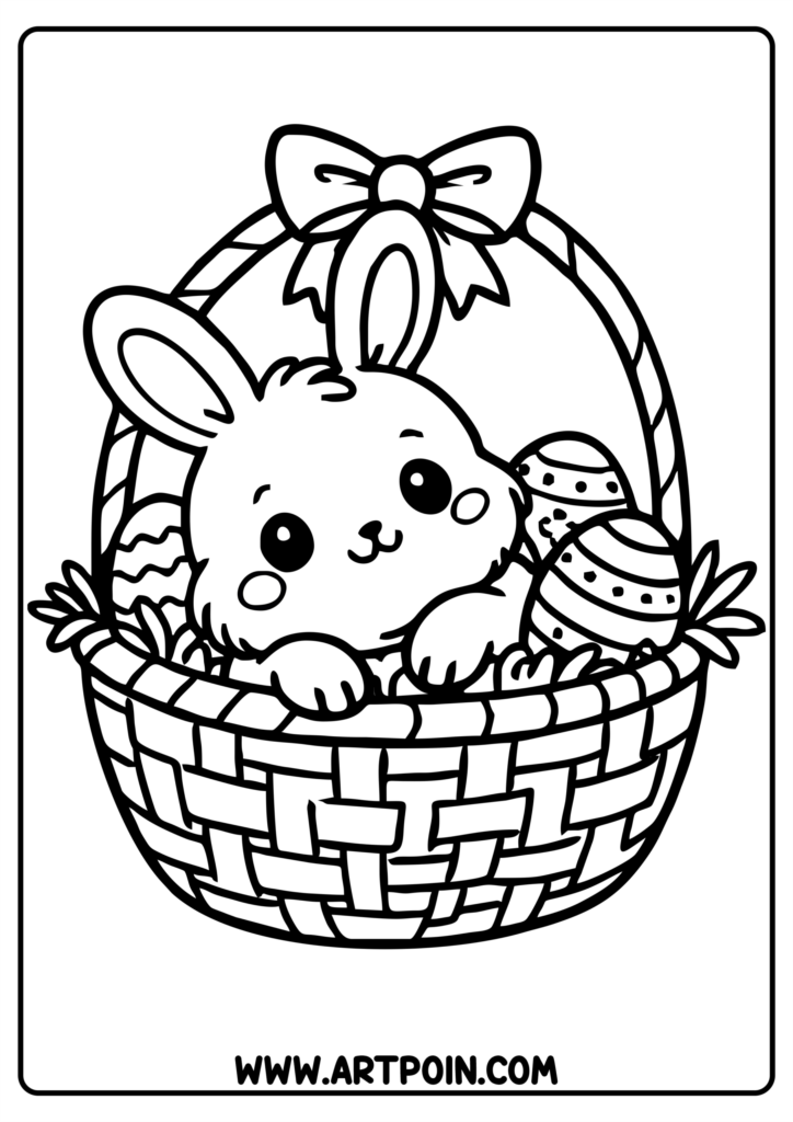 A coloring page shows a cute bunny with a bow sitting among decorated eggs in a woven Easter basket.