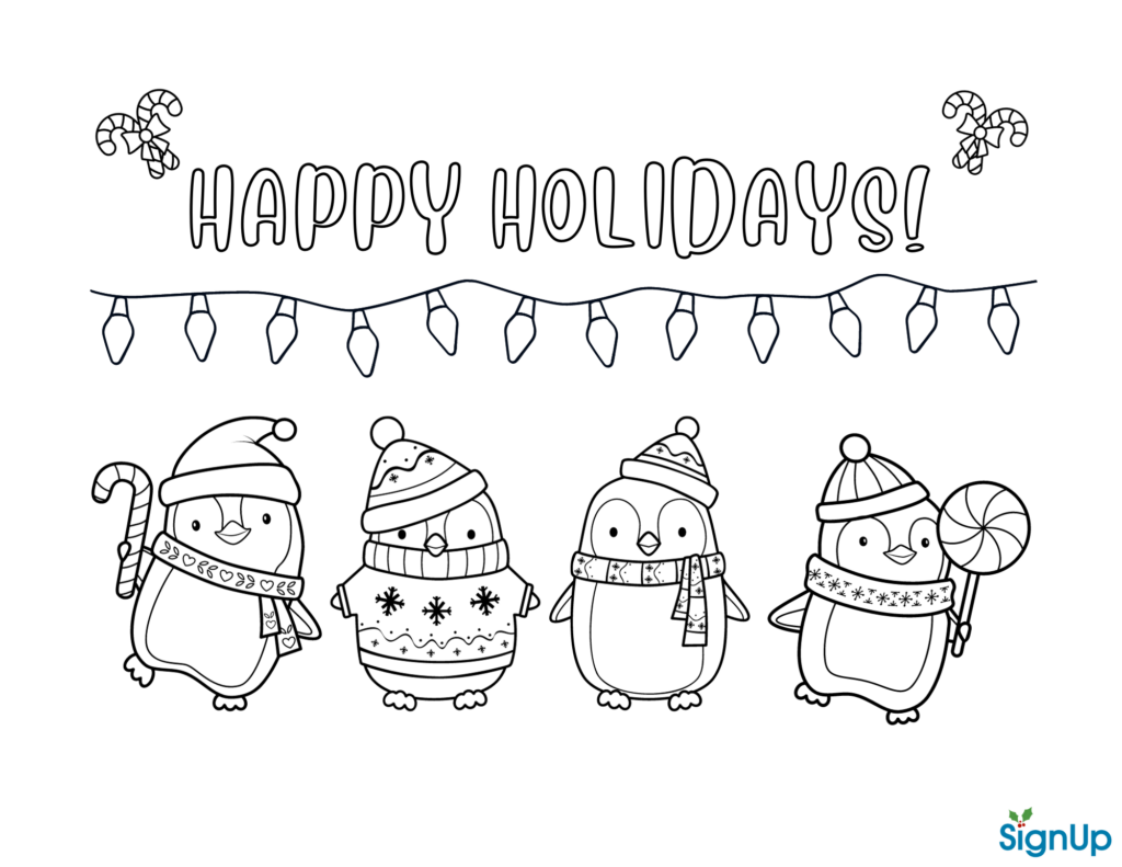 Holiday coloring page with “Happy Holidays!” lettering, a string of lights, candy canes, and four penguins wearing winter hats and scarves.