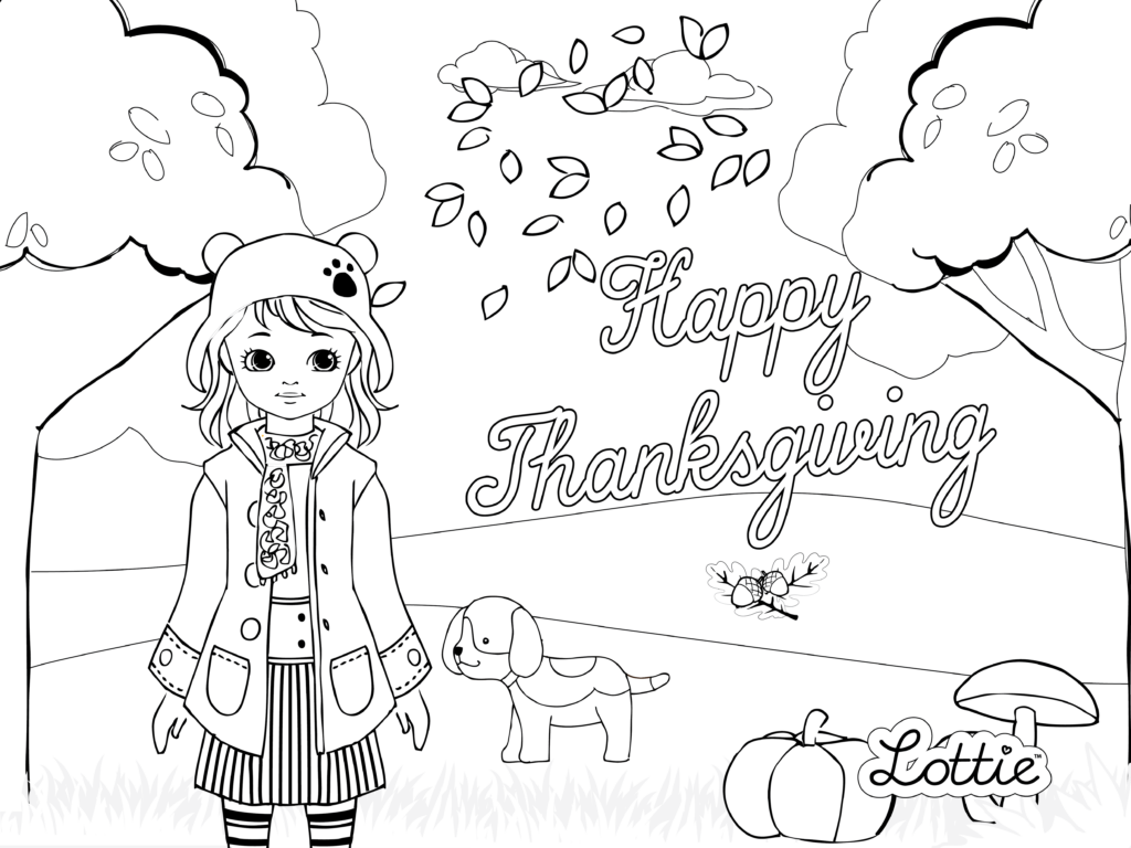 Thanksgiving coloring page showing a girl in a bear hat beside a dog, with pumpkins, falling leaves, and “Happy Thanksgiving” lettering.