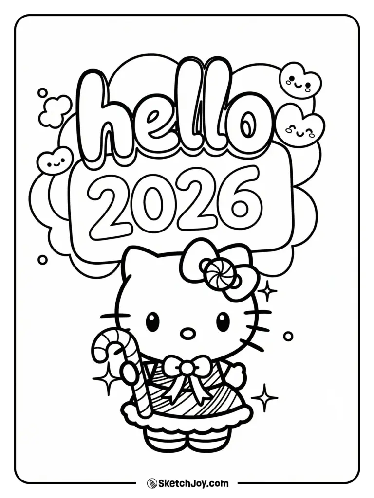 New Year’s 2026 coloring page featuring Hello Kitty in a festive outfit, surrounded by stars, candy, and decorative shapes.