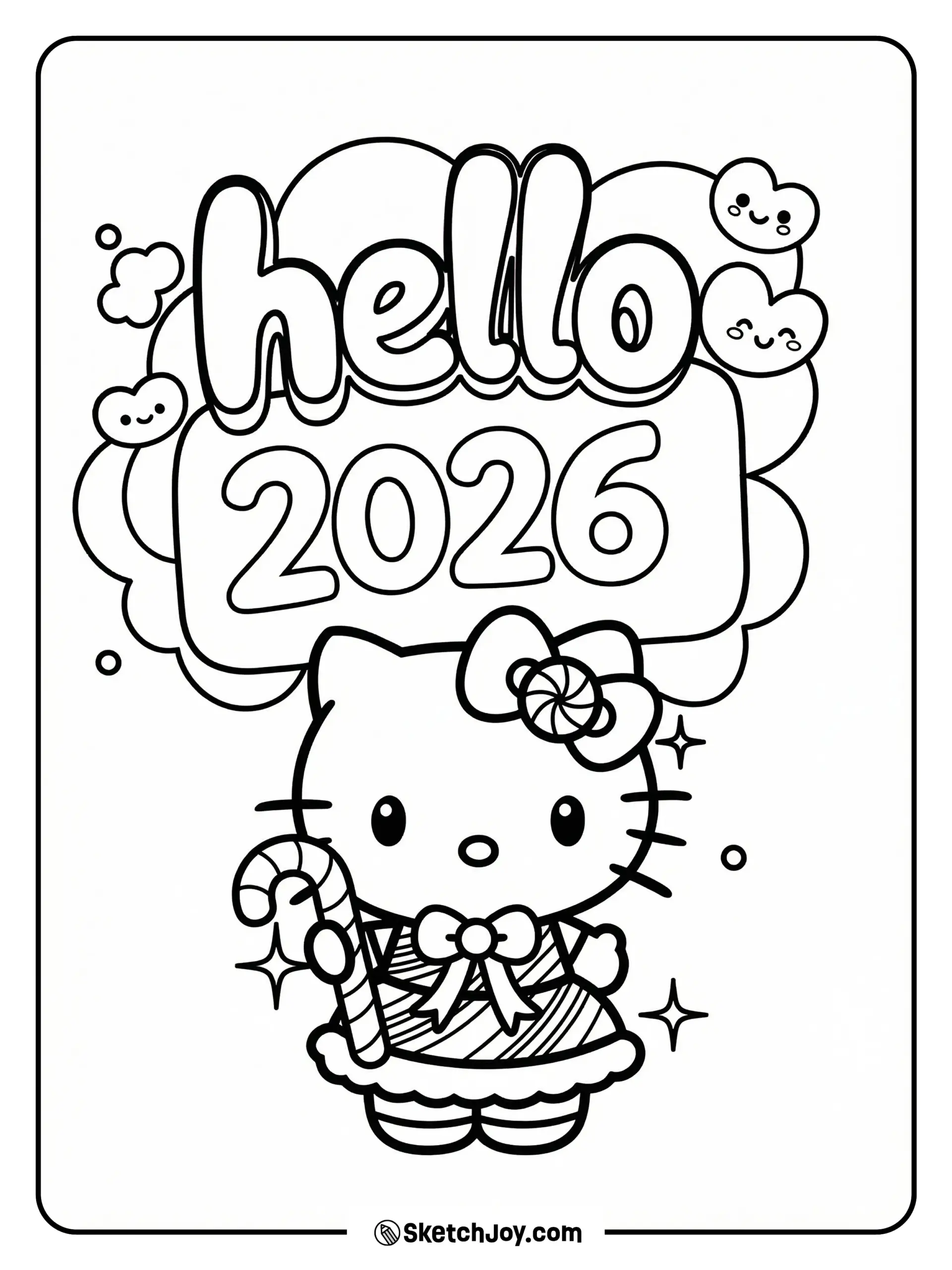 New Year coloring page with “hello 2026” lettering above a bow-wearing cartoon cat holding a candy cane, surrounded by festive decorations.