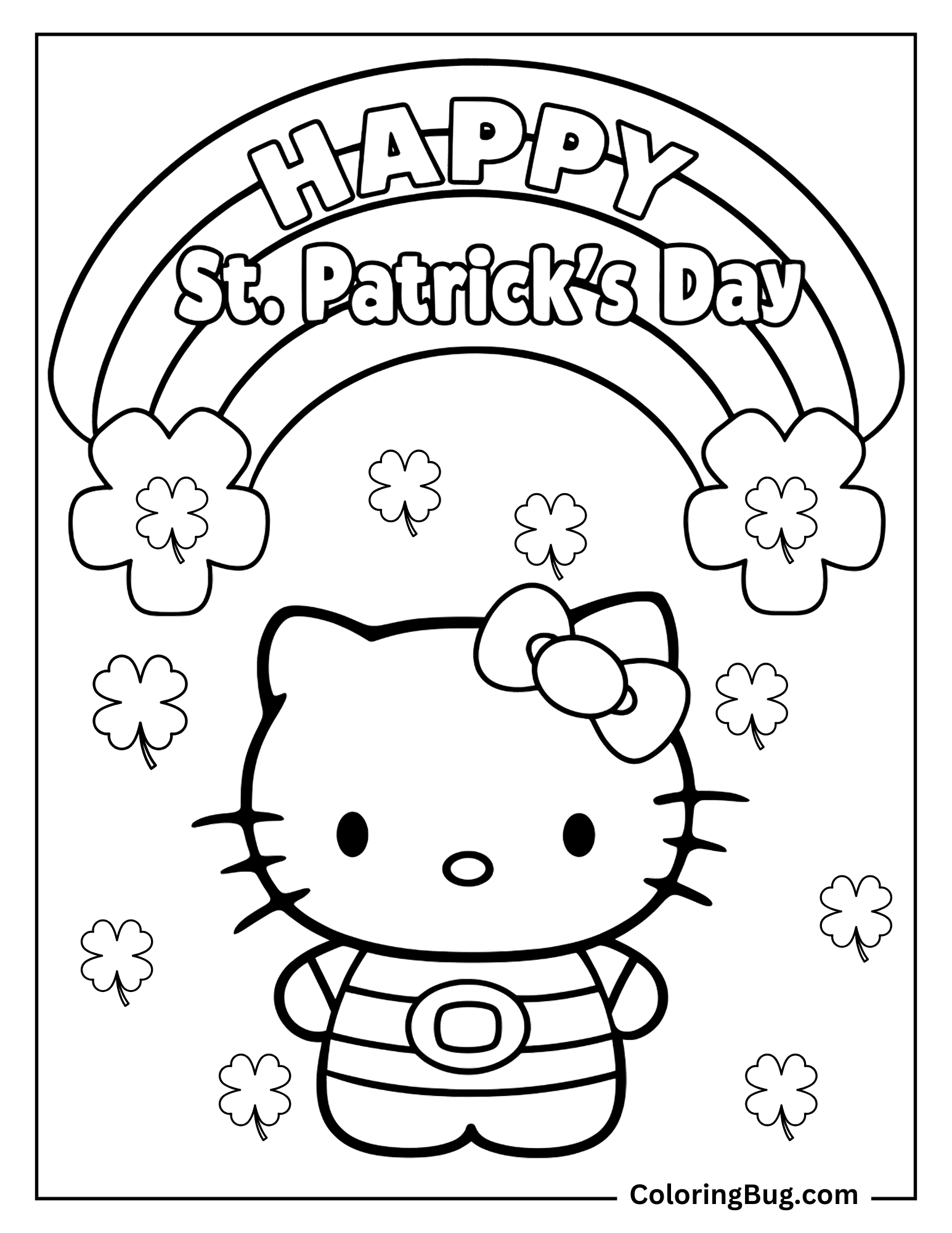St. Patrick’s Day coloring page showing a character in a striped outfit beneath a rainbow, surrounded by shamrocks.