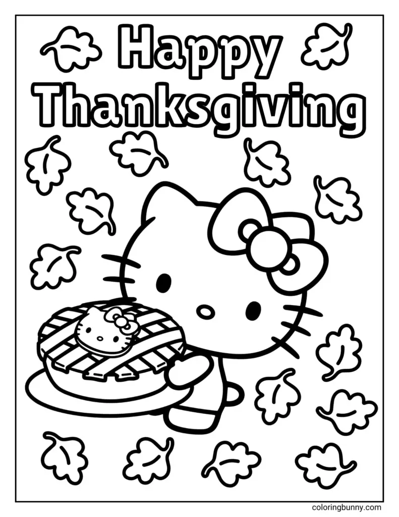 Thanksgiving coloring page with Hello Kitty holding a pie, surrounded by falling leaves and the words “Happy Thanksgiving.”.