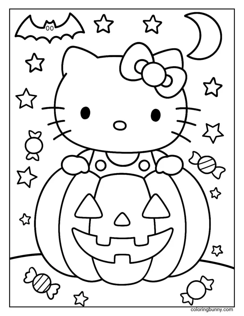 Black-and-white Halloween coloring page showing a smiling jack-o’-lantern with a cat in a bow, surrounded by stars, a crescent moon, a bat, and candy.