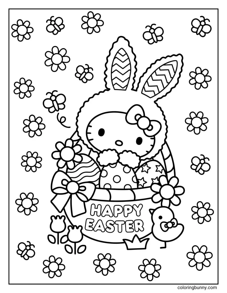 Easter coloring page featuring a bunny with patterned ears and a bow, surrounded by flowers, a chick, and “HAPPY EASTER” lettering.