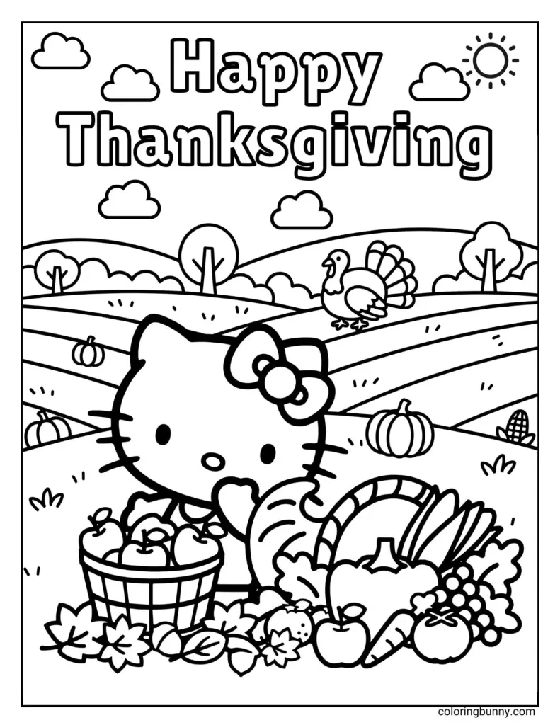 Thanksgiving coloring page showing Hello Kitty with a basket and an assortment of harvest foods, a turkey, pumpkins, fields, clouds, and sun.