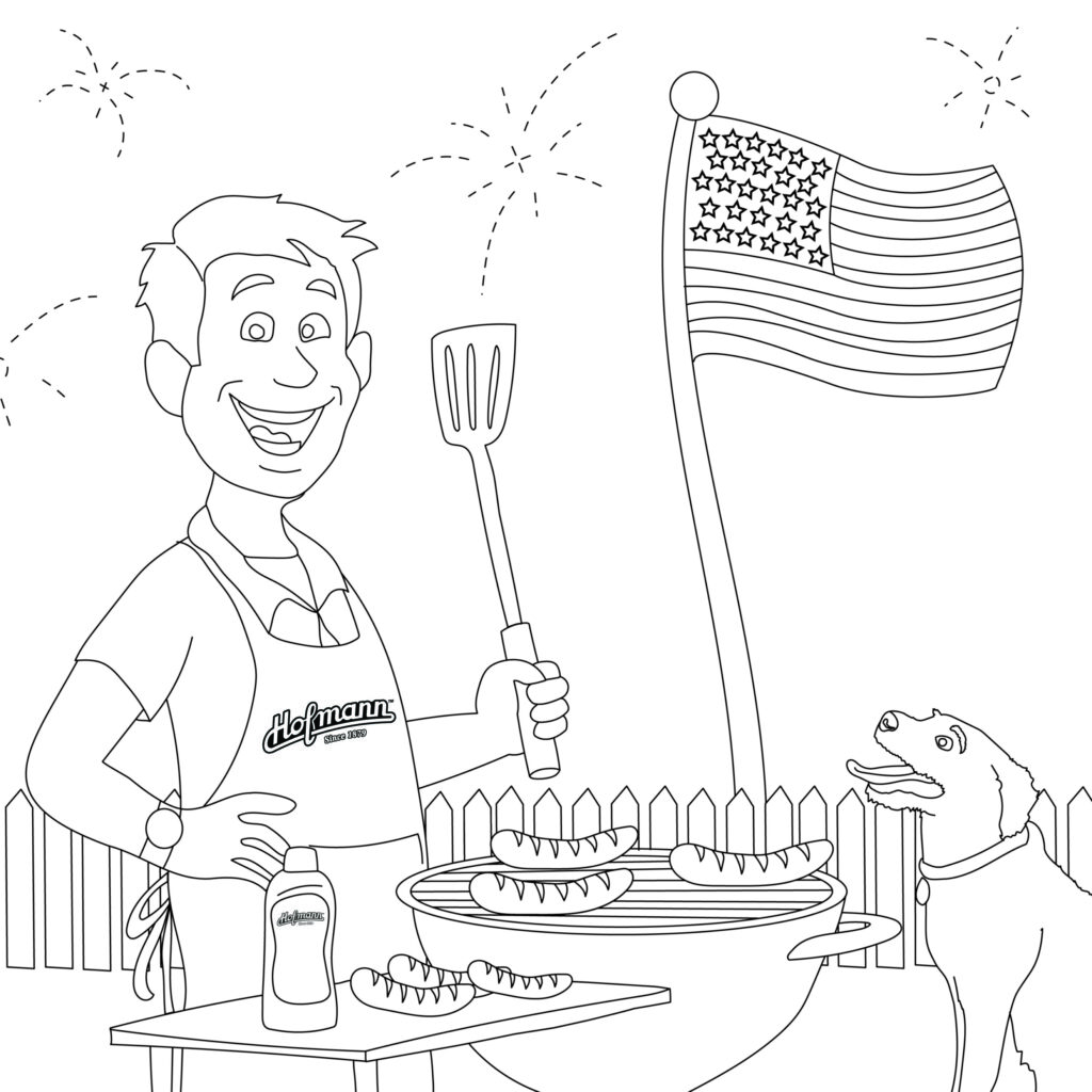 A smiling man grills hot dogs beside a dog and a waving U.S. flag in a backyard, drawn as a black-and-white coloring page.