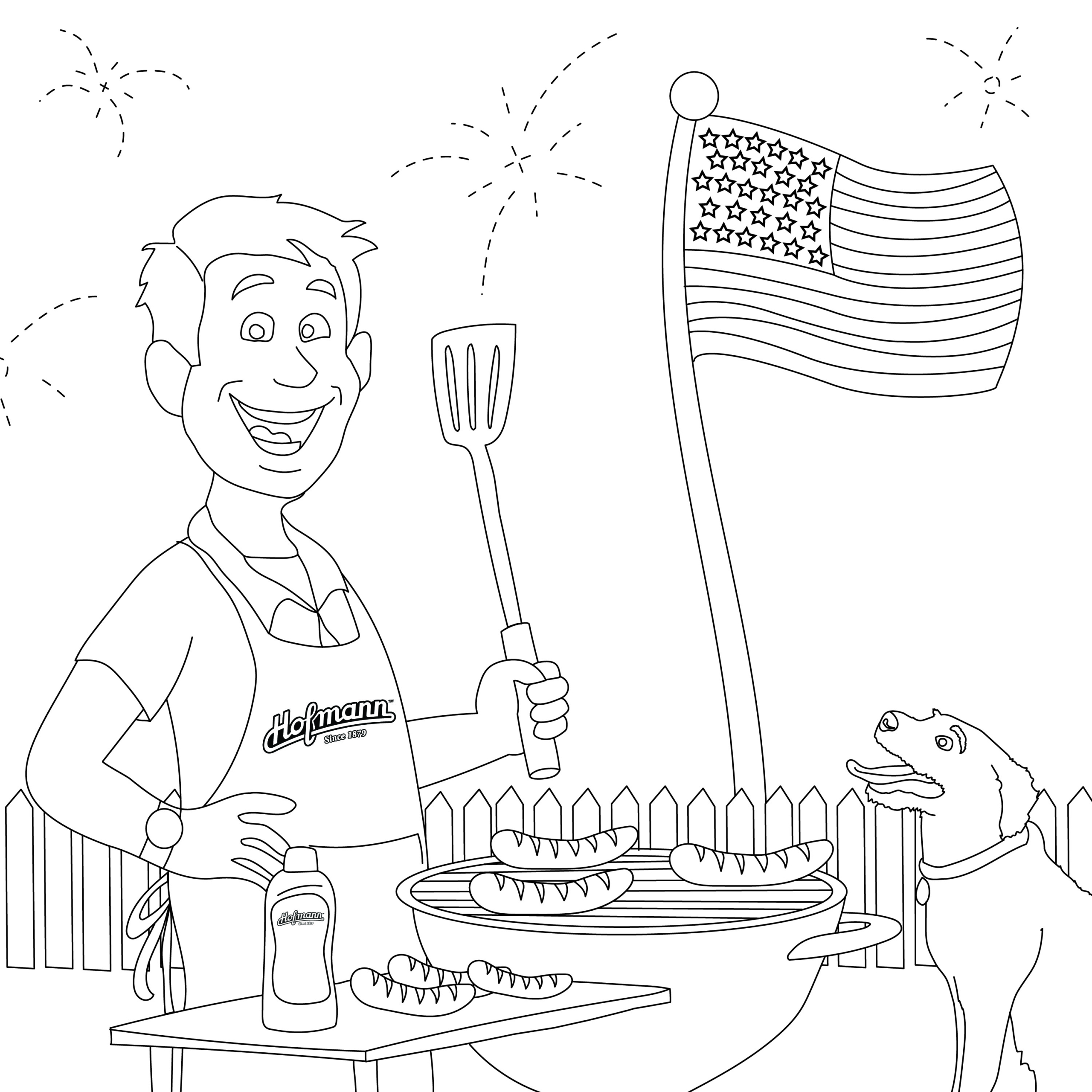 A smiling man grills hot dogs beside a dog and a waving U.S. flag in a backyard, drawn as a black-and-white coloring page.