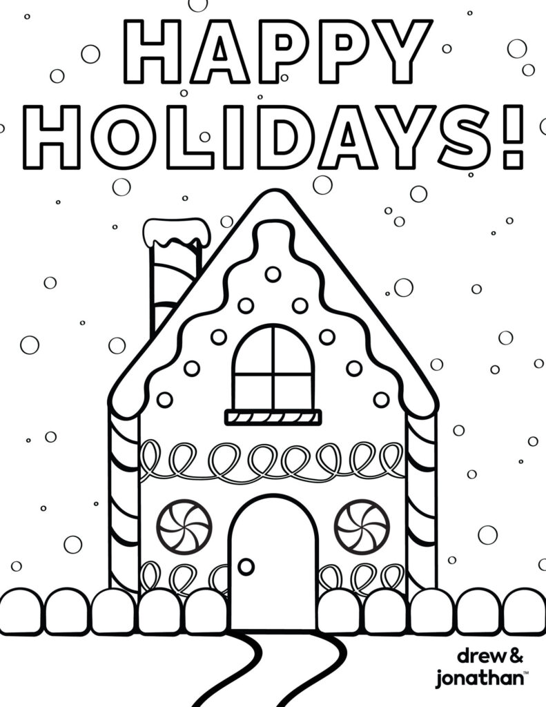 Holiday coloring page with outlined “Happy Holidays!” lettering, a decorated gingerbread house, candy details, and falling snow.