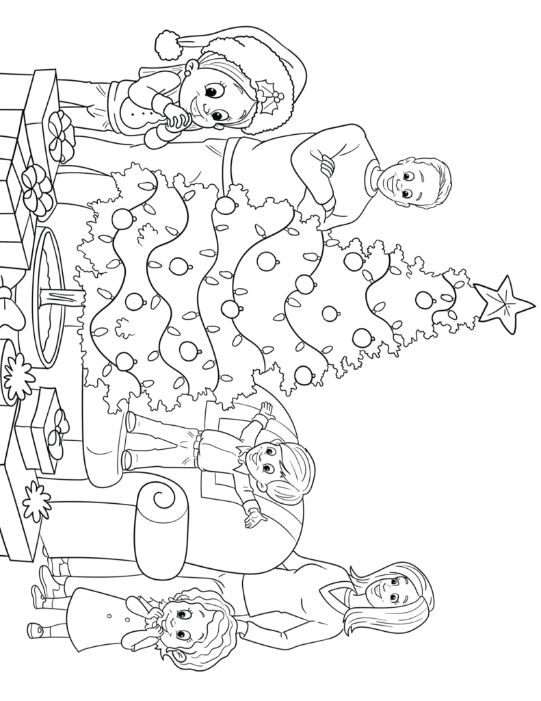 Holiday coloring page showing a family decorating a Christmas tree with ornaments, gifts, and a star topper.