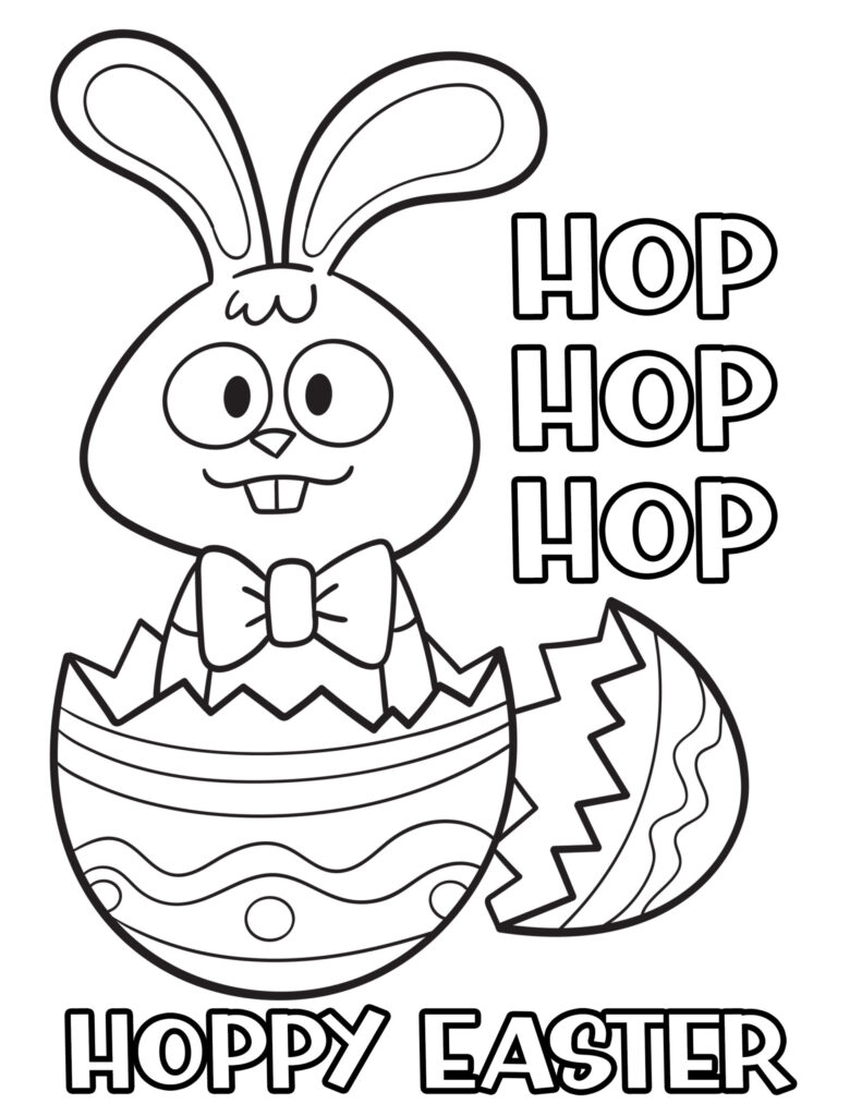 Easter coloring page showing a smiling bunny emerging from a patterned egg beside outlined “HOP HOP HOP” text, with “HOPPY EASTER” along the bottom.