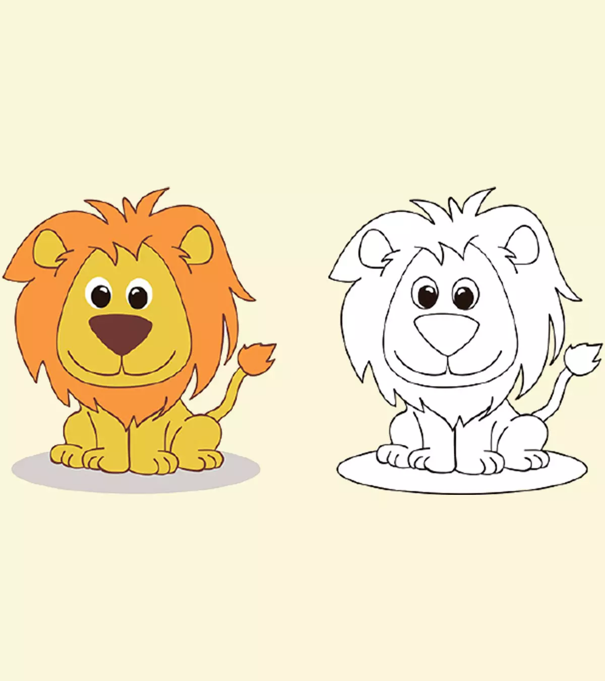 A seated cartoon lion shown in color beside a matching uncolored outline, with a large mane, rounded paws, and a curled tail.