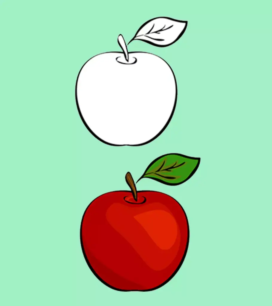 A black-outlined apple with a stem and leaf appears above a finished red apple with a brown stem and green leaf, on a mint-green background.