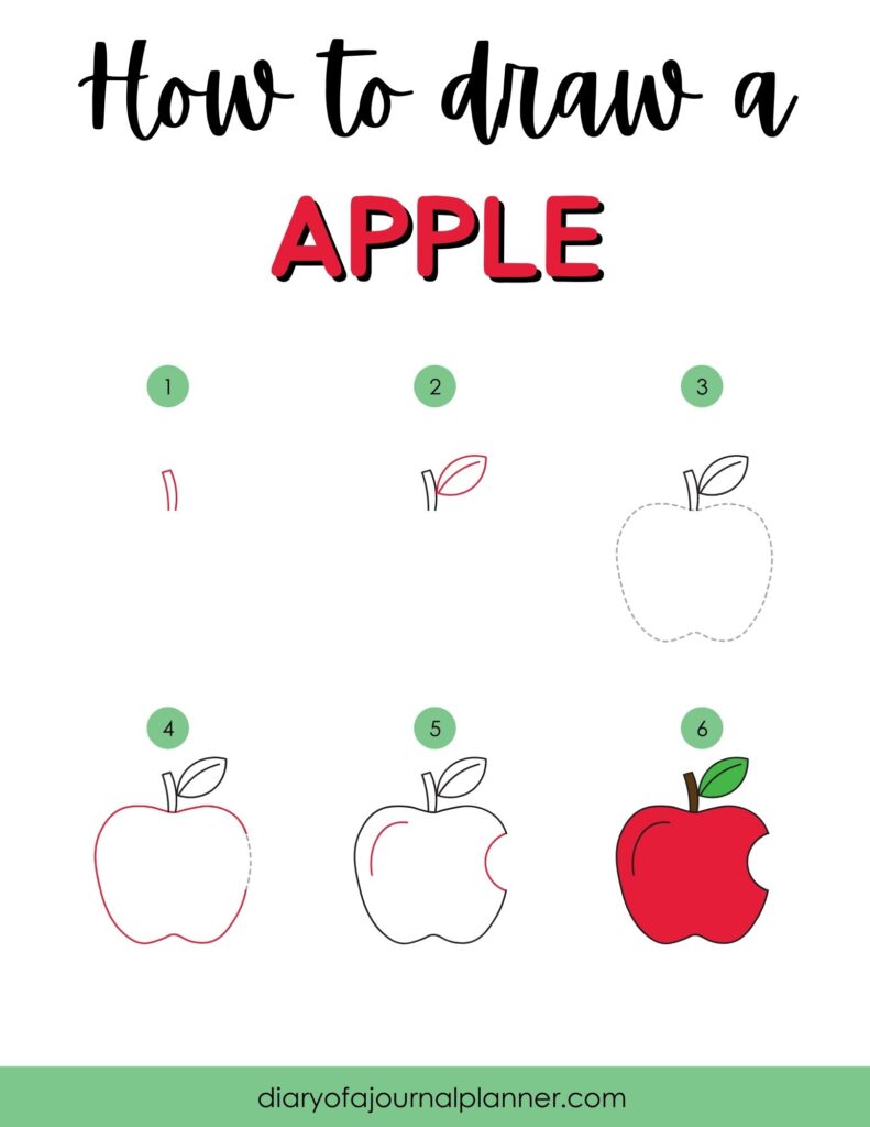 A six-step apple drawing tutorial: the outline and leaf are built up in stages, ending with a red apple with a green leaf.