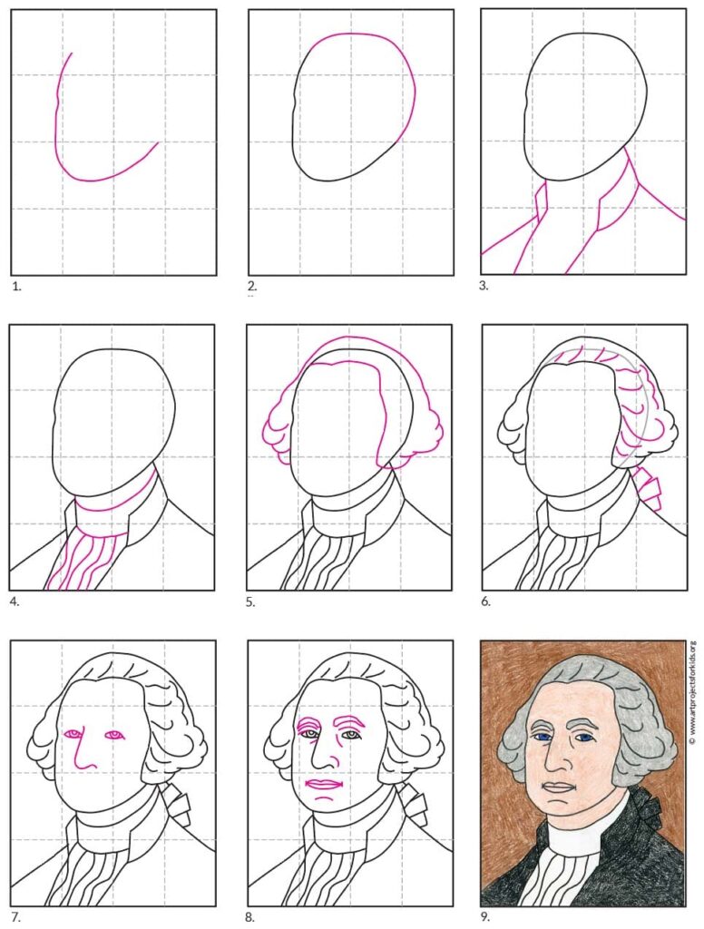 Nine-panel drawing tutorial showing how to sketch and color a portrait of George Washington, from basic head and clothing outlines to the finished illustration.
