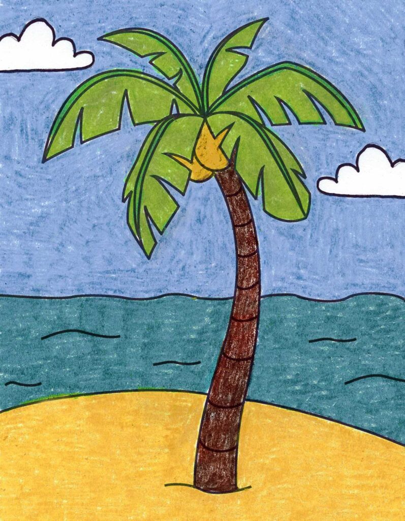 A colorful hand-drawn palm tree with green fronds and coconuts stands on a sandy beach beside blue water, with clouds in the sky.