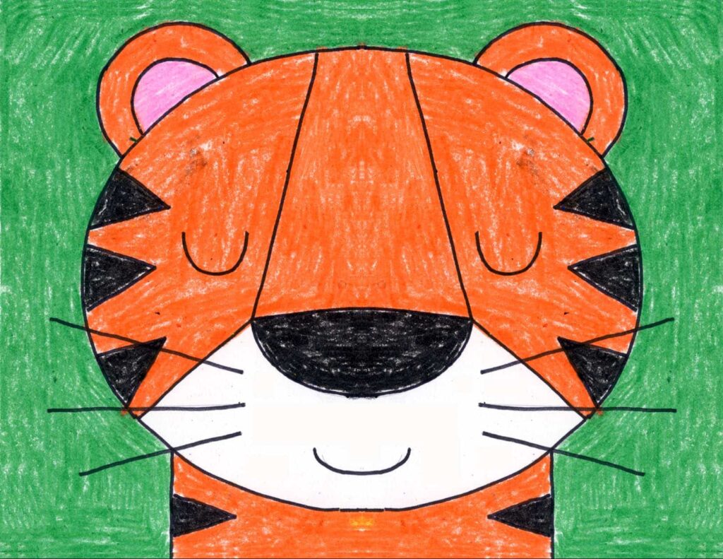 A hand-colored drawing of a smiling tiger face with orange fur, black stripes, pink inner ears, and a white muzzle against a green background.