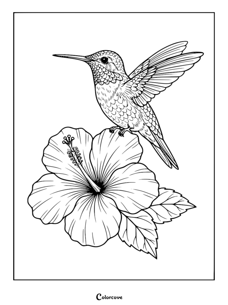 A detailed outline coloring page of a hummingbird with raised wings perched above a large hibiscus flower and leaves.
