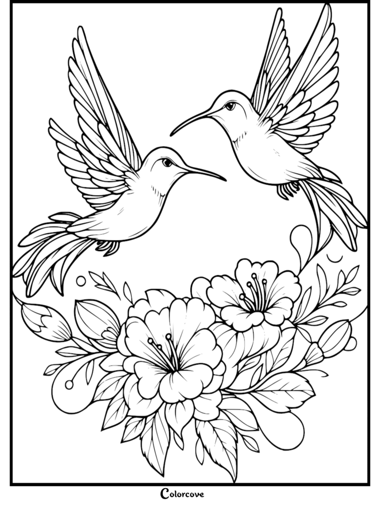 Black-and-white coloring-page illustration of two hummingbirds with raised wings above flowering plants and leaves.
