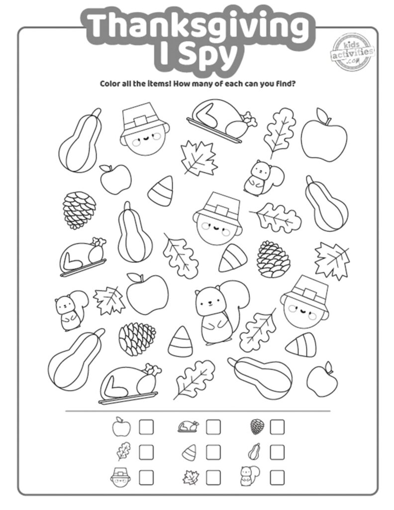 Thanksgiving I Spy worksheet with outline drawings of apples, gourds, leaves, pinecones, acorns, hats, and turkeys to color and count.