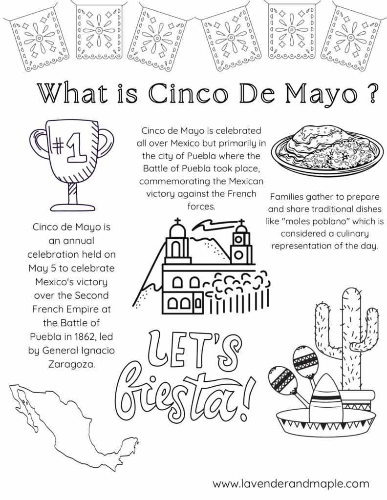 Cinco de Mayo educational coloring page with explanatory text, papel picado, a trophy, traditional food, a Puebla church, Mexico map, sombrero, maracas, and cactus.
