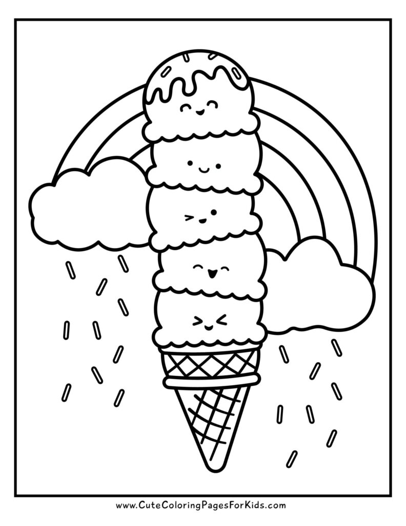 Black-and-white coloring page showing a smiling stack of ice cream scoops in a waffle cone beneath a rainbow, with clouds and sprinkles.