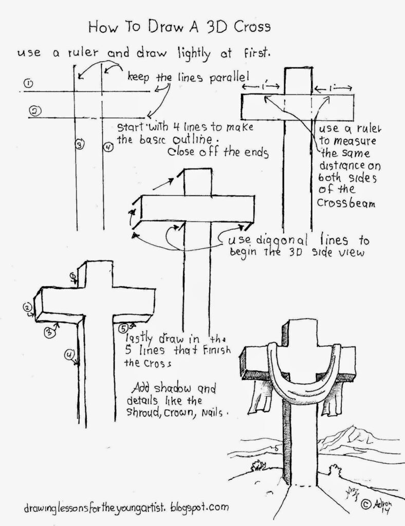 Hand-drawn tutorial showing steps for constructing a 3D cross, with ruler and shading instructions and a finished cross draped with a cloth against a hilly landscape.