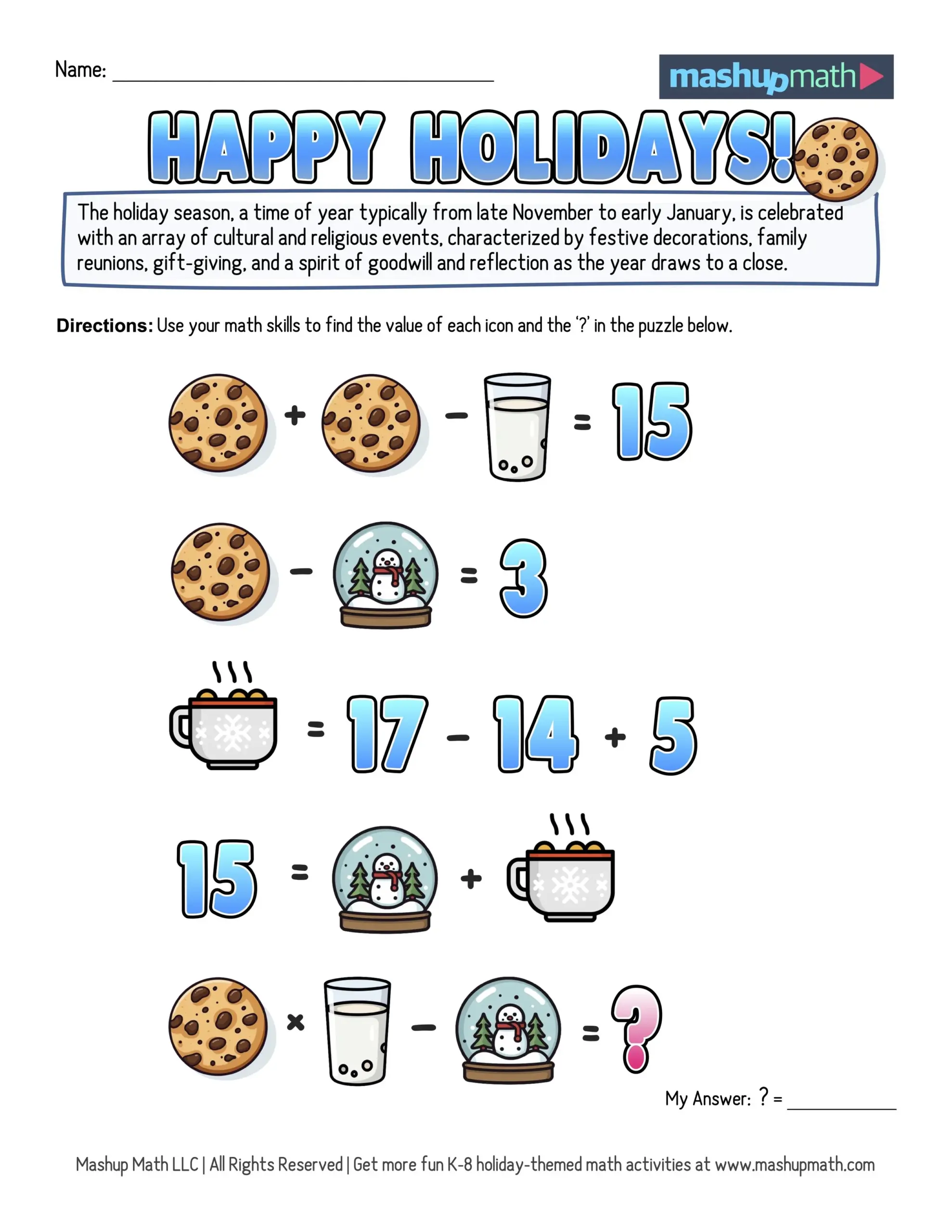 A holiday math worksheet uses cookies, a glass of milk, a snow globe, and a mug of cocoa in equations, with a final puzzle and answer line.