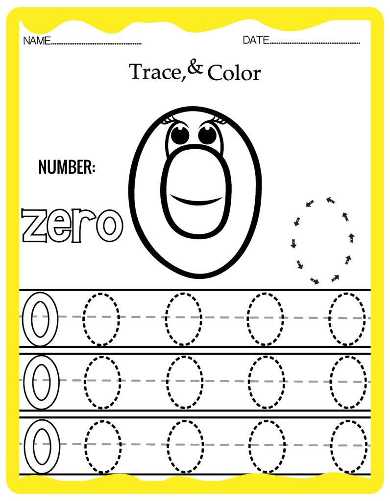 A number-zero worksheet with a cartoon 0, directional tracing arrows, and three rows of dotted zeroes to trace.