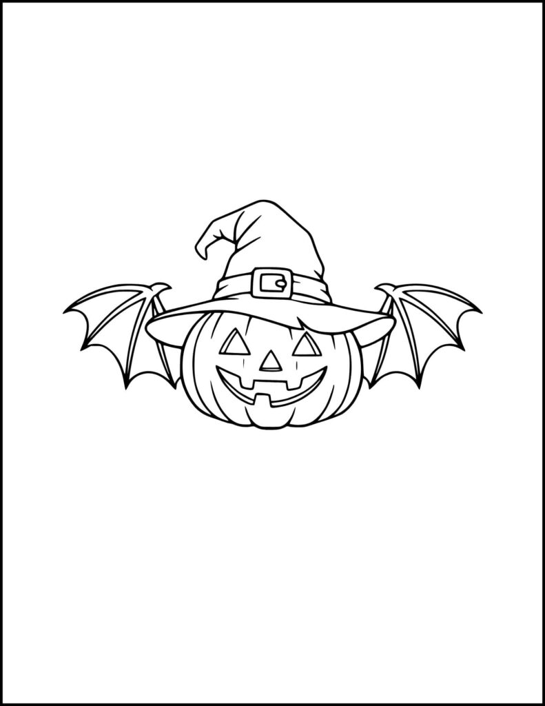 A smiling jack-o’-lantern wearing a pointed witch hat, with bat wings extending on either side.