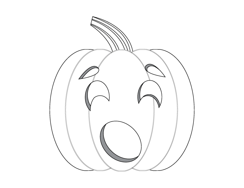 Black-and-white outline of a pumpkin with a curved stem and a surprised face, including large eyes and an open mouth.