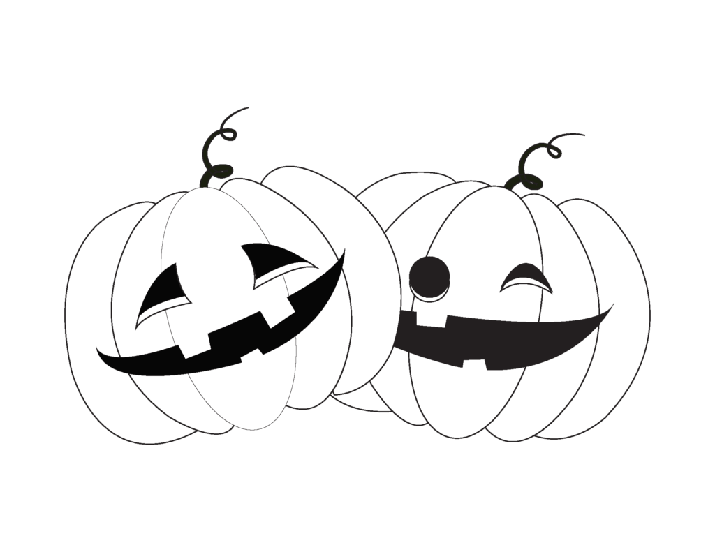 Black-and-white coloring-page outline of two overlapping jack-o’-lanterns with curled stems, one with angled eyes and a grin and the other with a round eye and a wide smile.