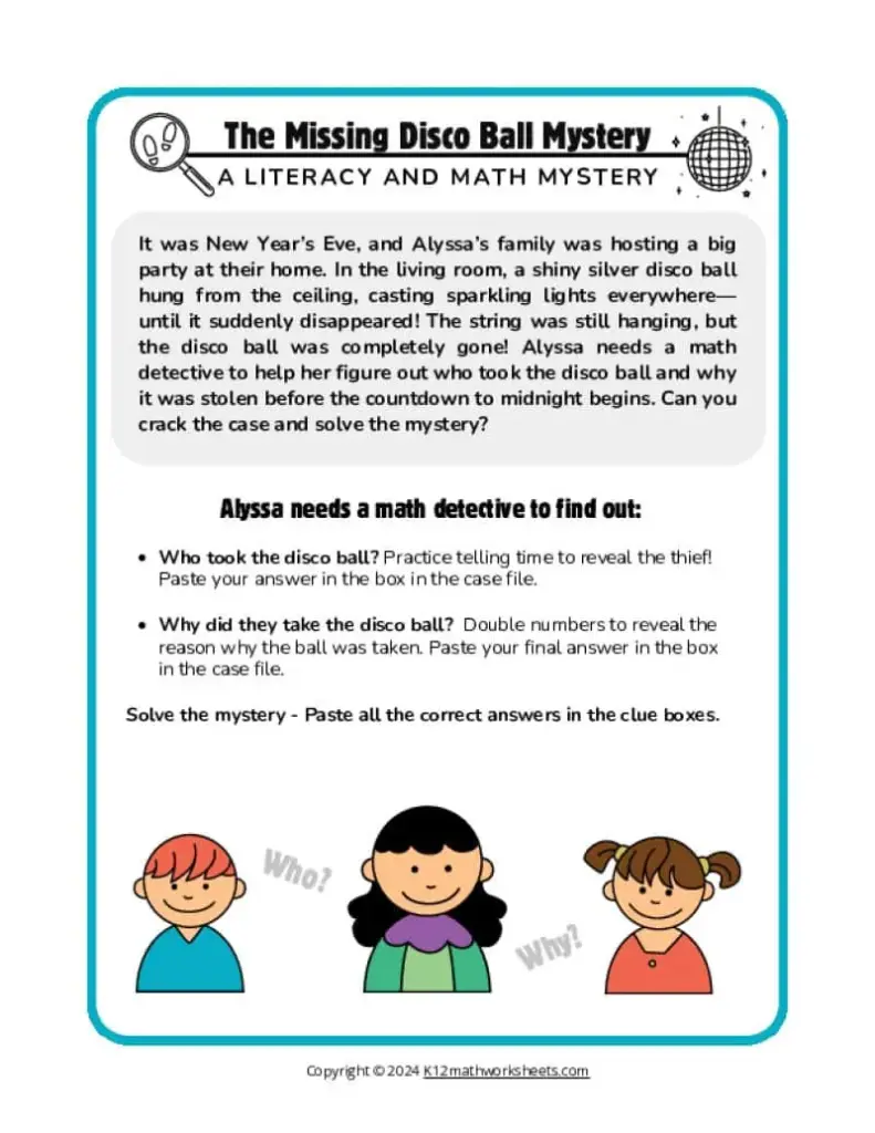A literacy and math mystery worksheet about a missing disco ball, with a story prompt, instructions to solve who took it and why, and illustrations of three children.