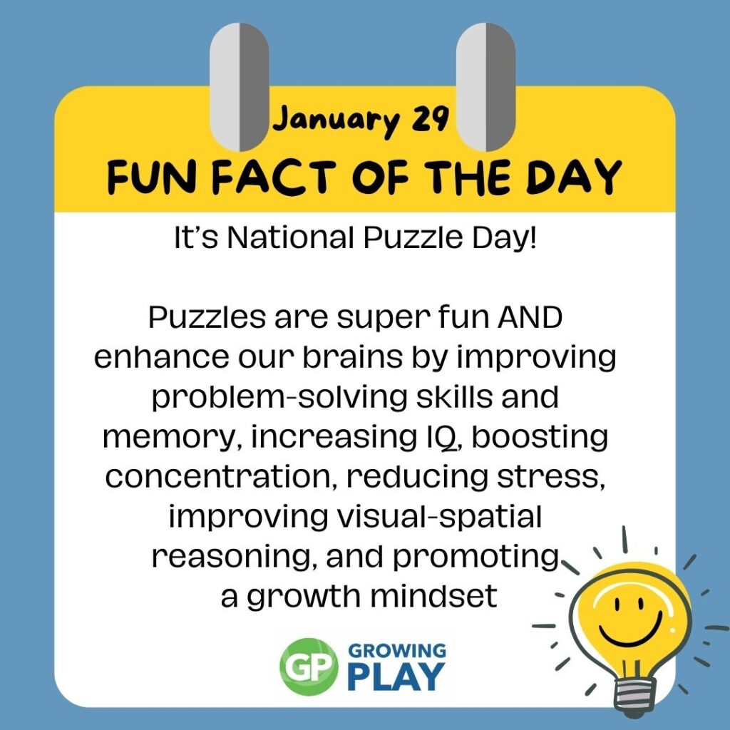 A colorful poster dated January 29 announces National Puzzle Day and describes how puzzles can benefit problem-solving, memory, concentration, and other skills, alongside a smiling lightbulb illustration.