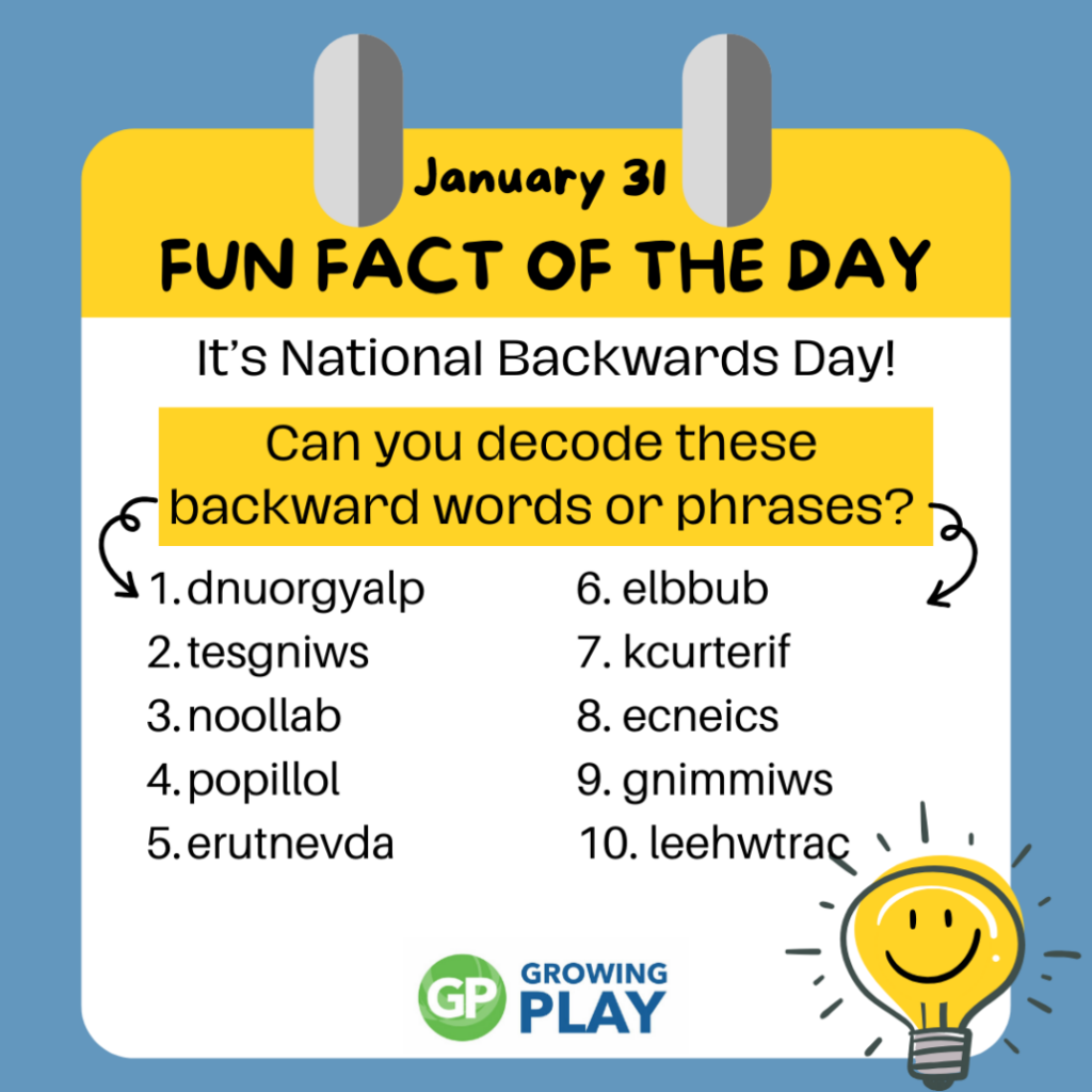 A January 31 fun-fact worksheet about National Backwards Day asks readers to decode ten backward words or phrases, with a smiling lightbulb illustration.