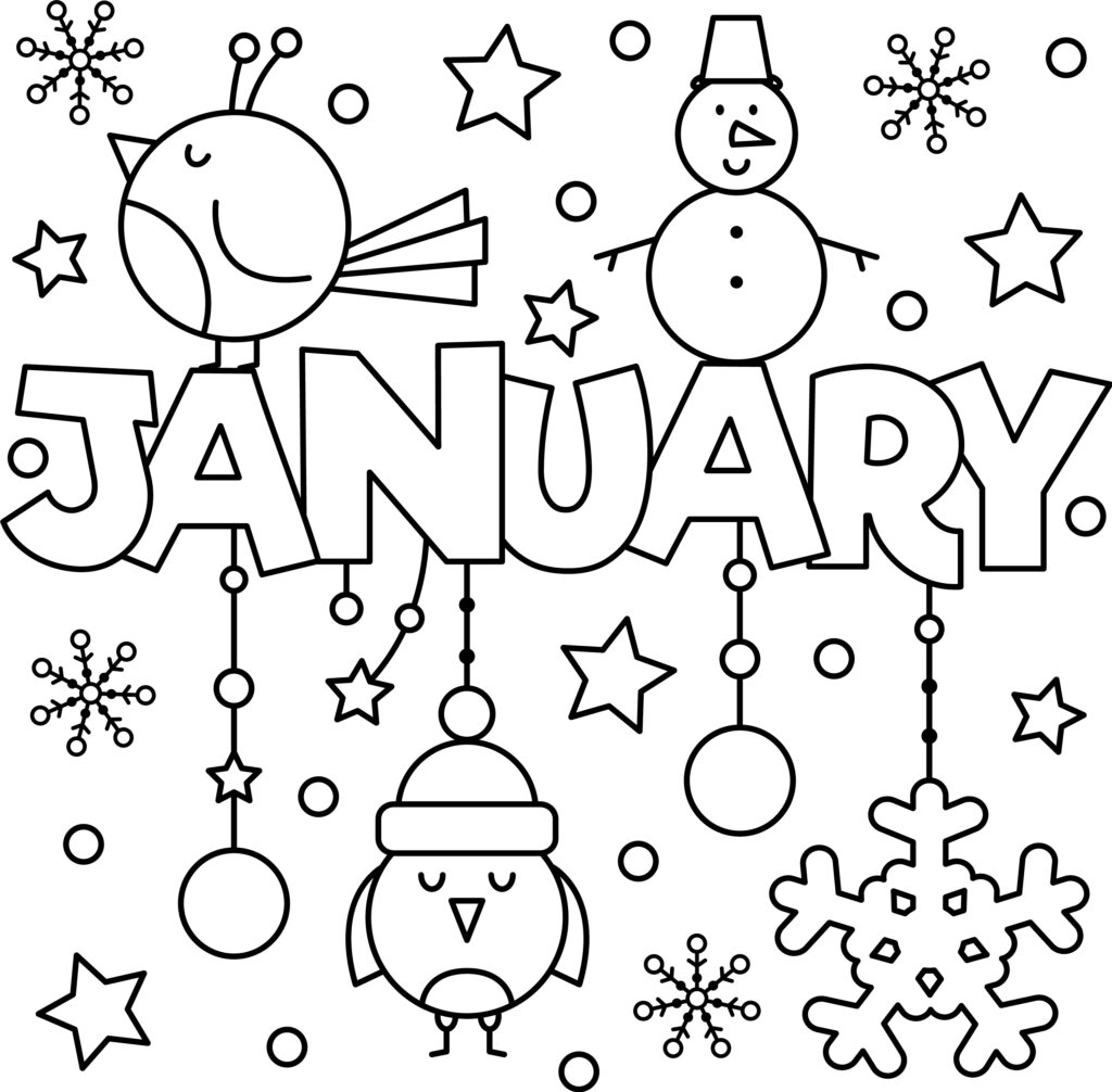 A January coloring page with large outlined lettering, a snowman, a penguin, snowflakes, stars, and hanging ornaments.