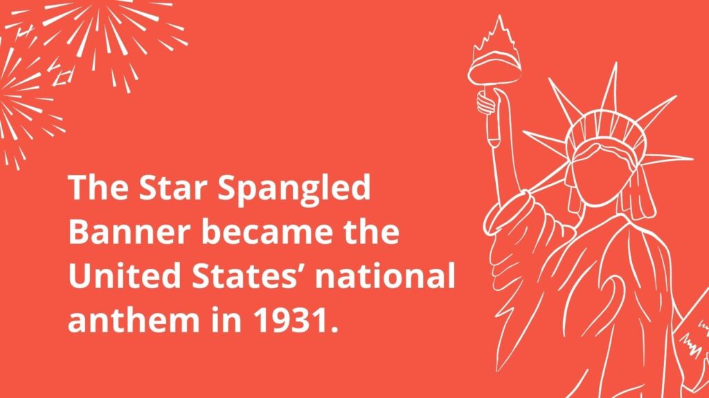Red infographic with white text stating that “The Star Spangled Banner” became the United States’ national anthem in 1931, alongside an outline illustration of the Statue of Liberty.