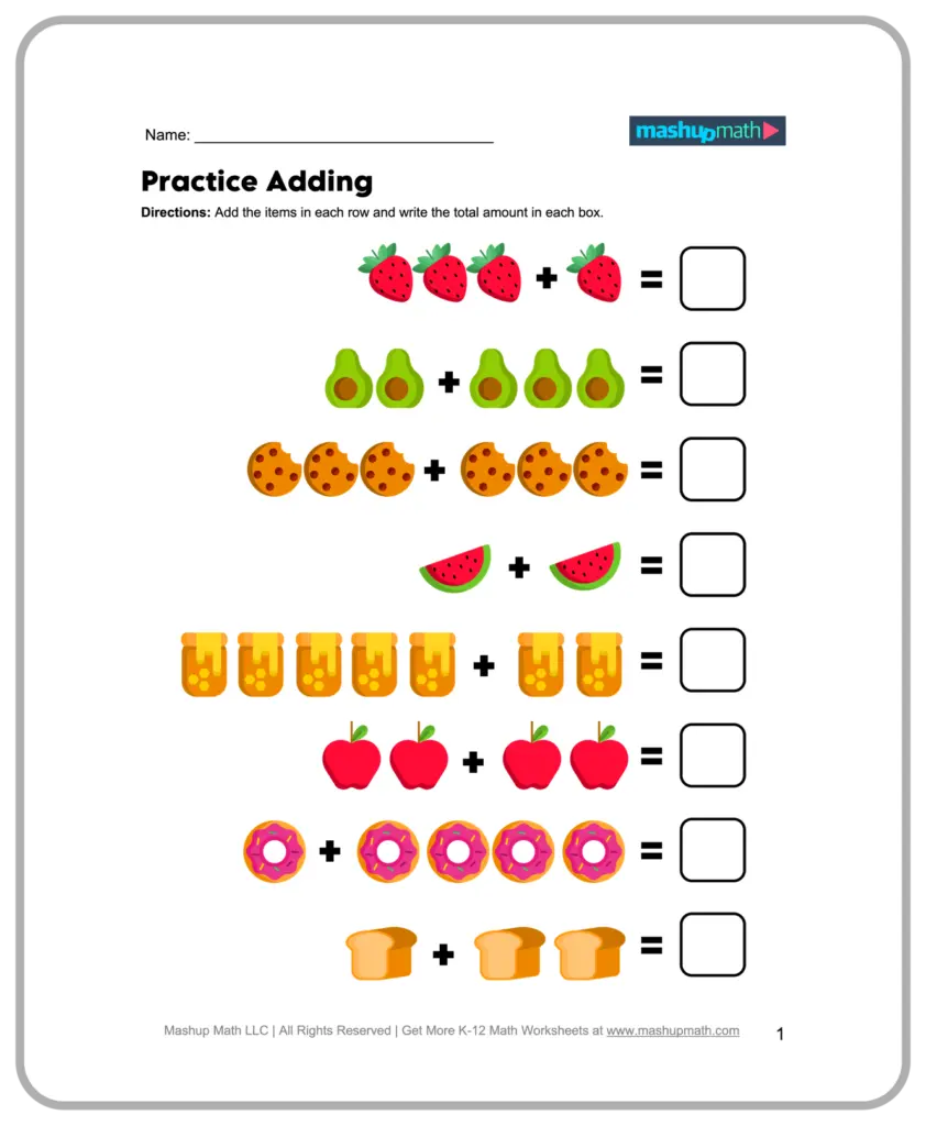 A kindergarten addition worksheet with rows of strawberries, avocados, cookies, watermelon slices, juice cartons, apples, doughnuts, and bread slices, each row followed by a blank answer box.