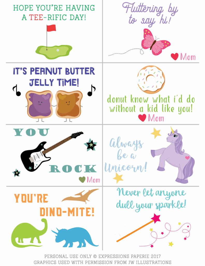 Printable sheet of eight lunchbox notes with cheerful messages and illustrations including a golf green, butterfly, singing sandwiches, donut, guitar, unicorn, dinosaurs, and magic wand.